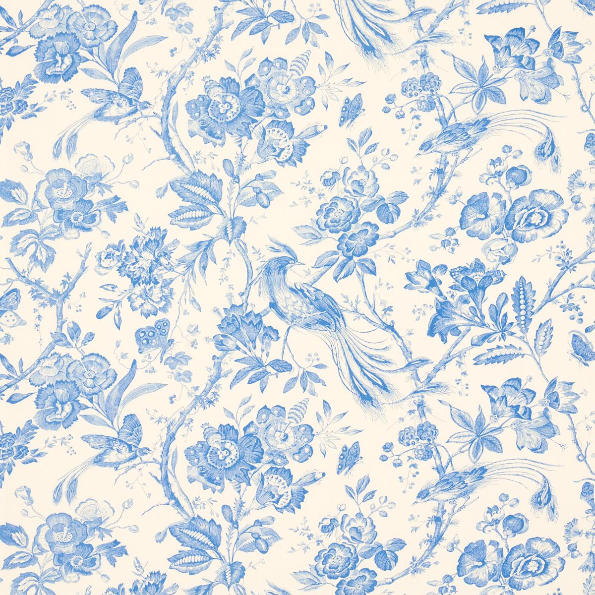 フローラル図案集 「Bunte Bluten, blaue Schwerter Birds Of Paradise - Blue Fabrics | Schumacher