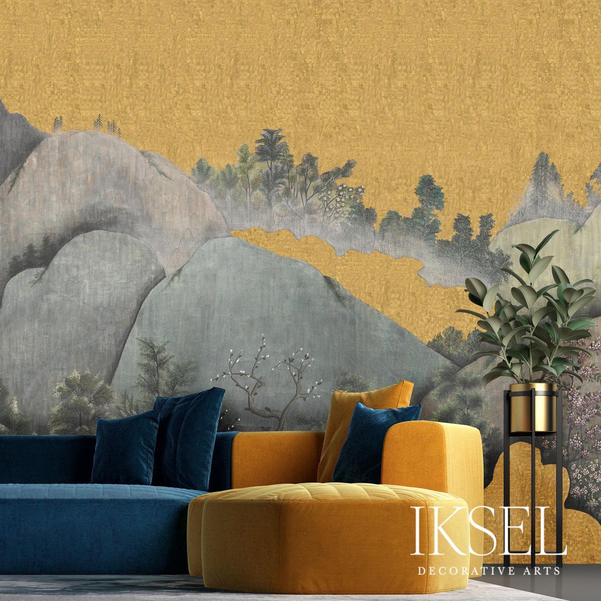 Japanese Mountains - Crackled Gold Wallpapers | Schumacher